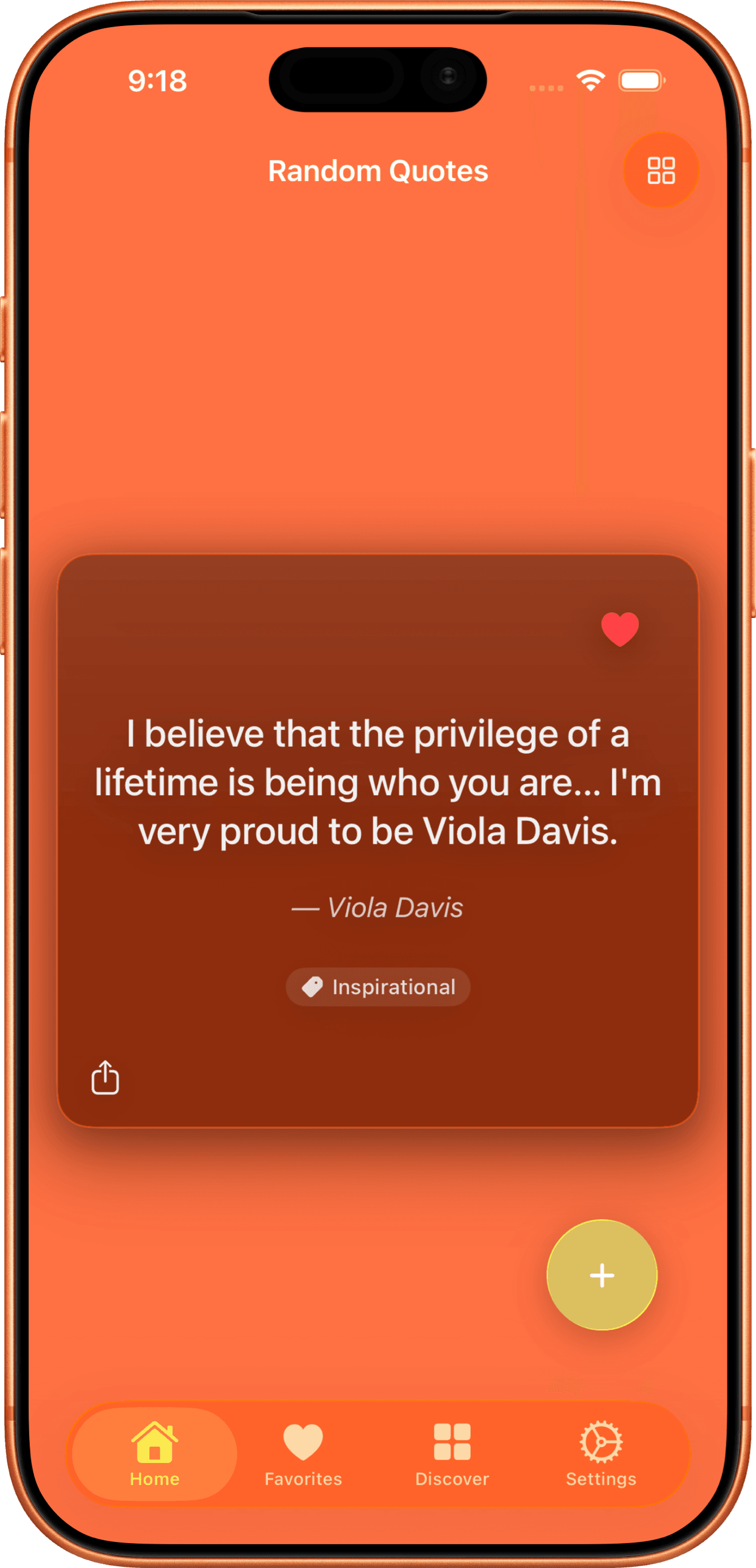Quoative on iPhone showing the Home quote card with Viola Davis inspirational quote